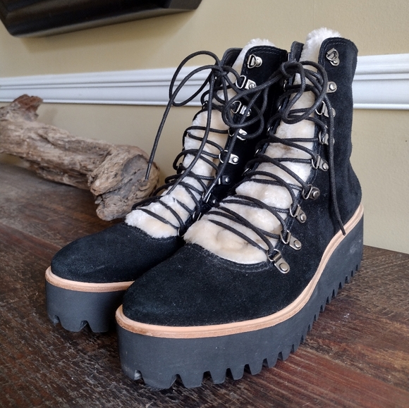 ALL BLACK Black Cream Suede Shearling Lug Flatform Platform Boots Size 37.5 (7) - Picture 3 of 12